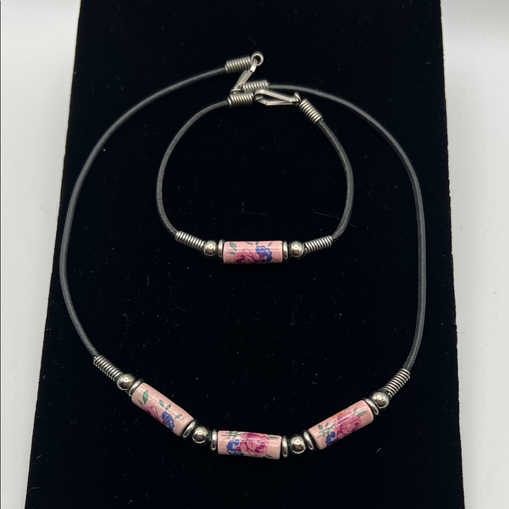 Handcrafted 70s Pink Floral Ceramic Bead Necklace & Bracelet Set - Women Jewelry